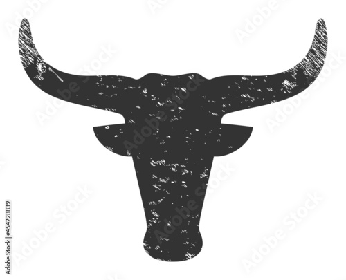 Cow head icon with scratched style. Isolated vector cow head icon image with scratched rubber texture on a white background.