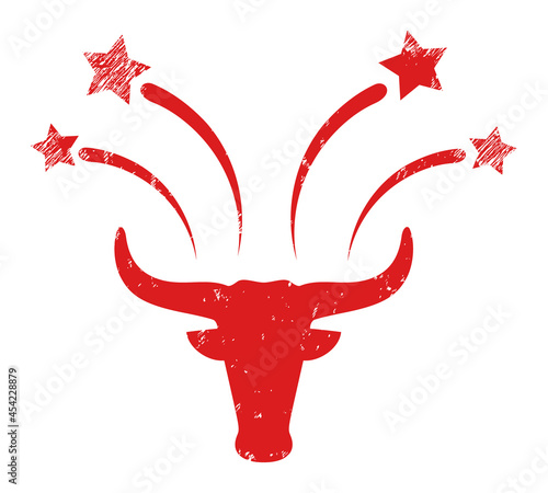 Bull fireworks icon with scratched effect. Isolated vector bull fireworks pictogram with scratched rubber texture on a white background.