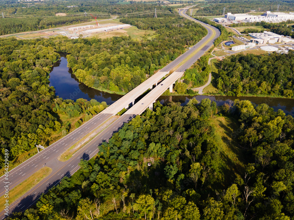 Aerial view of a bridge over the river.