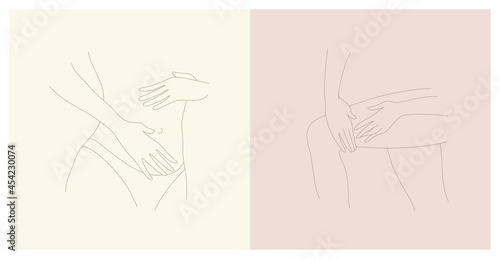  A woman applies the cosmetic product to the abdomen, thighs by massaging movements. Line style vector illustration.