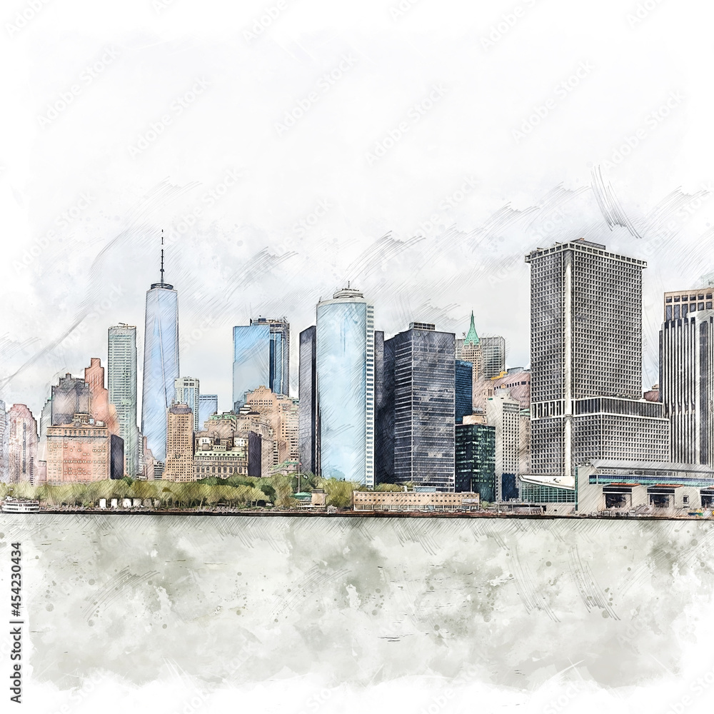 Fototapeta premium Abstract watercolor Manhattan, Empire State Building, buildings and streets
