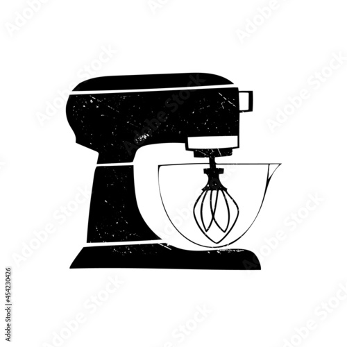 Vector image of a kitchen mixer in a retro style. Illustration. Hand drawing. Black on a white background. Scuff texture. Grunge