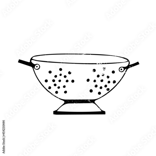 Vector image of a colander in retro style. Illustration. Hand drawing. Black on a white background. Scuff texture. Grunge