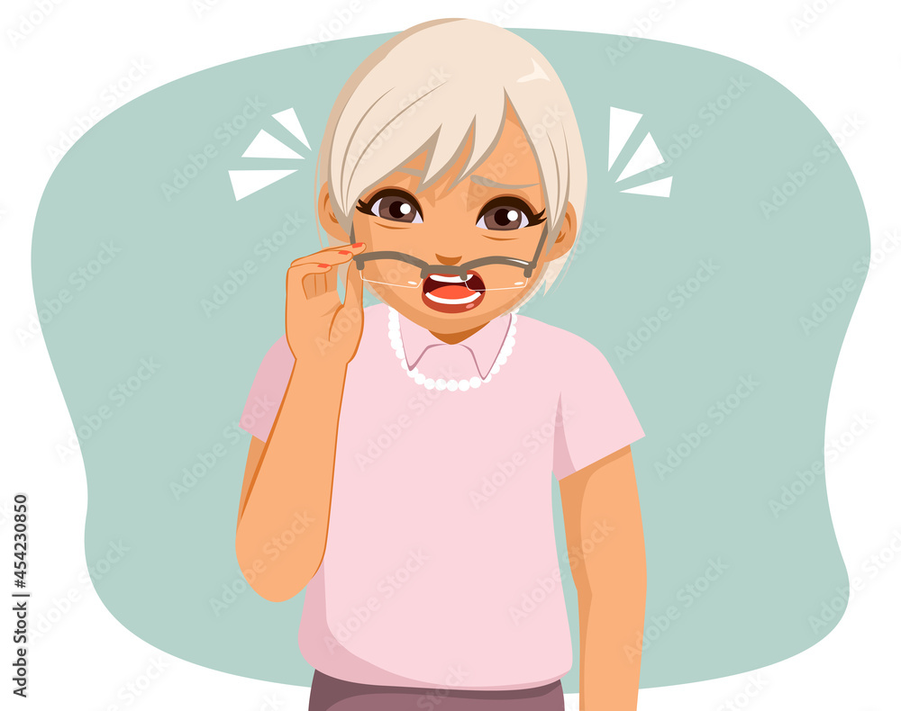 Old granny holding her eyeglasses and squinting to see vision problems concept Old granny holding her eyeglasses and squinting to see vision problems concept