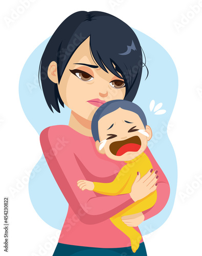 Sad tired Asian woman mother holding crying baby unable to sleep 
