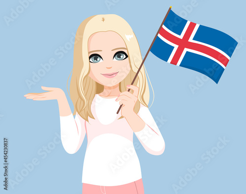 icelandic, woman, iceland, flag, illustration, vector, beautiful, blonde, person, long hair, nation, island, country, cartoon, showing, hand, gesture, hold, wave, cheerful, travel, tourist, student, p