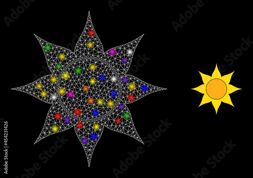 Glossy mesh sun constellation icon with light spots. Illuminated vector constellation is created from sun icon. Sparkle frame polygonal sun on a black background. Wire frame 2D mesh in vector format.