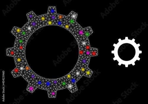 Flare mesh cogwheel constellation icon with light spots. Illuminated vector constellation based on cogwheel pictogram. Sparkle carcass polygonal cogwheel on a black background.