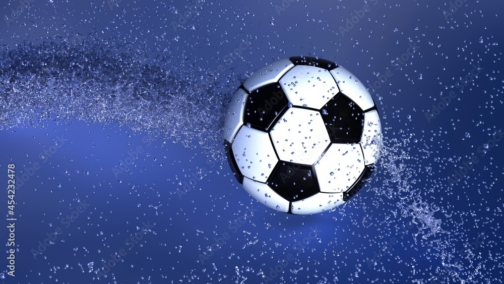 Fototapeta premium Soccer Ball with Diamond Water Particles under Blue Sky Lighting Background. 3D illustration. 3D high quality rendering. 3D CG.