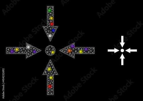 Bright net meeting point constellation icon with light spots. Illuminated vector constellation based on meeting point icon. Sparkle carcass mesh meeting point on a black background.