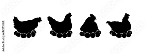 Hen silhouettes vector set. Chicken incubate the eggs illustration set.