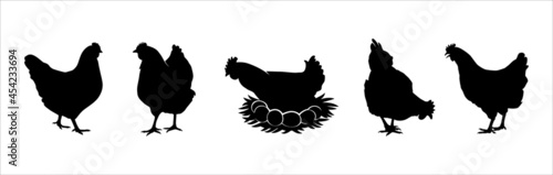 Fotografiet Hen silhouettes vector set. Chicken farm illustration