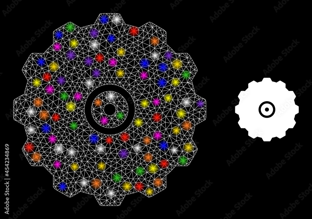 Flare network gearwheel constellation icon with lightspots. Illuminated vector model based on gearwheel icon. Sparkle frame mesh gearwheel on a black background. Wire frame 2D mesh in vector format. Flare network gearwheel constellation icon with lightspots. Illuminated vector model based on gearwheel icon. Sparkle frame mesh gearwheel on a black background. Wire frame 2D mesh in vector format.