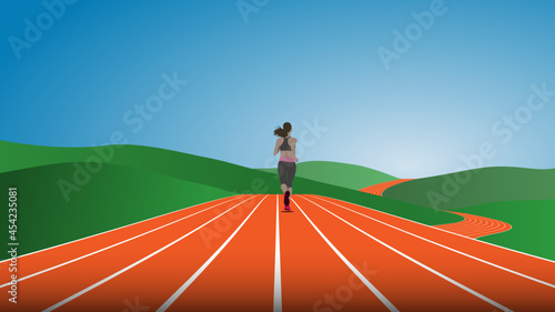 Female athlete running on abstract spiral track in the hill.