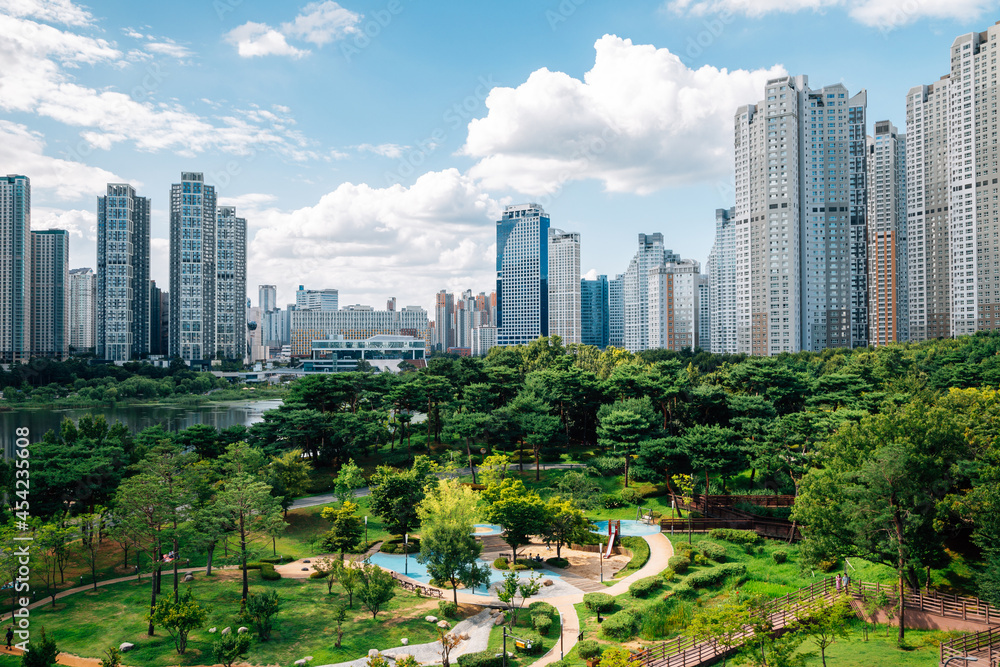 View of modern buildings and Gwanggyo Lake Park in Suwon, Korea