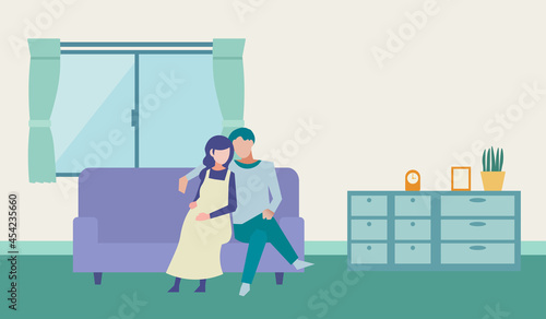 部屋で寄り添う夫婦　妊婦さん　人物フラットイラスト