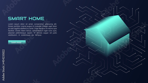 Smart home concept, modern technologies, future. Vector illustration of an abstract house stylistically designed in the form of microcircuits, lines. Web banner design template, site decoration.