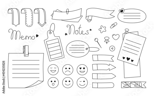 Notebook paper sticky note black line set. Blank stickers and notes with elements planning, calligraphic letters. Abstract graphic notepad curled corners, push pins. Various tag business office