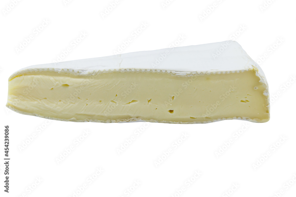Piece of brie cheese isolated on white background