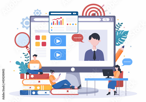 Business Online Training, Seminar or Courses Background Vector Illustration. Mentor Doing Presentation About Marketing, Sales, Report and E-commerce