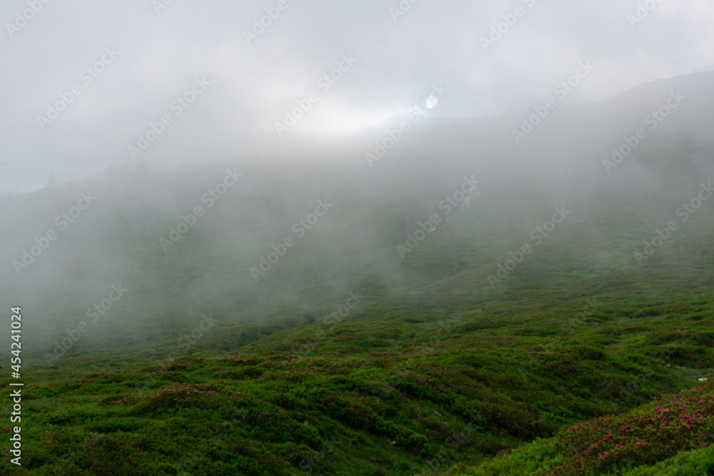 Landscape view of Alps. Peaks cover by clouds and fog because of stormy weather.