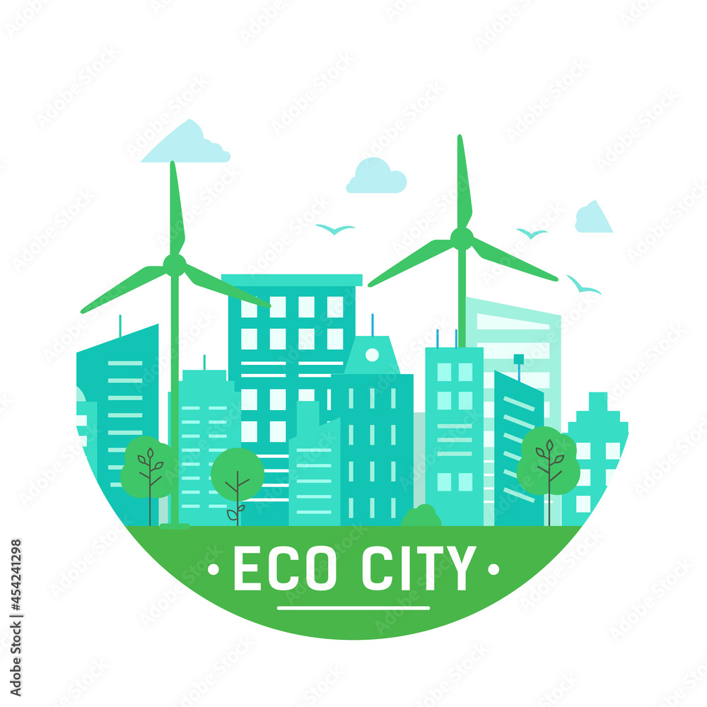 Eco city. Design with green buildings and windmills in circle. Eco Friendly,