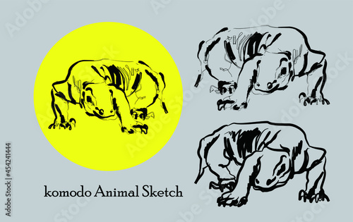 Sketch of endangered and protected Komodo dragons in Indonesia