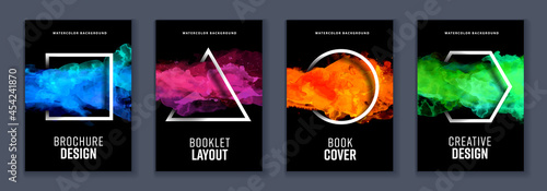 Watercolor black background over geometric frame vector design, logo and sale banner template set
