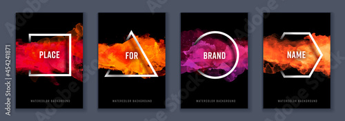 Watercolor fire flame on black background over geometric frame vector design, logo and sale banner template set