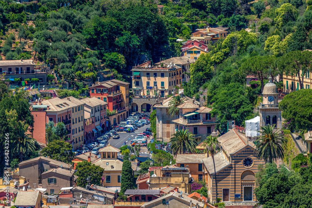 Overview of Portofino town area with traditional colourful houses, view from Castello Brown, Liguria, Italy