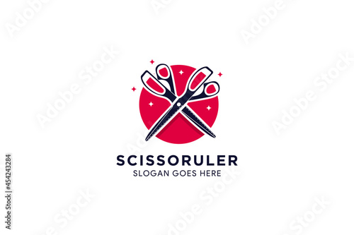 Double Scissors and ruler icon. barber shop.modern design. vector illustration. flat logo. isolated on white background with horizontal layout.