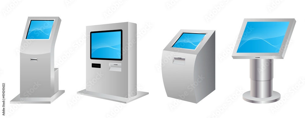 realistic digital informational kiosk interactive isolated, modern digital terminal kiosk system. eps