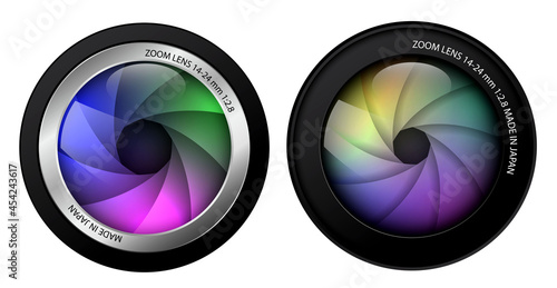 realistic camera lenses isolated, two professional photo lens with shutter blade. eps