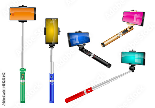 realistic mono pods selfie stick isolated, telescopic smartphone holder photo self portrait