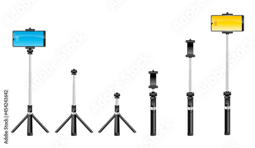 realistic mono pods selfie stick isolated, telescopic smartphone holder photo self portrait