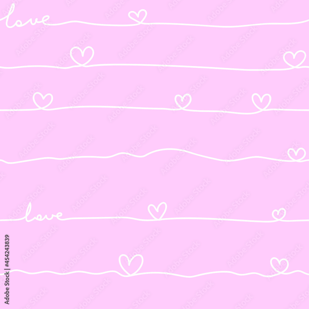 White pink pattern with doodle hearts. Valentine's Day cute paper text love.