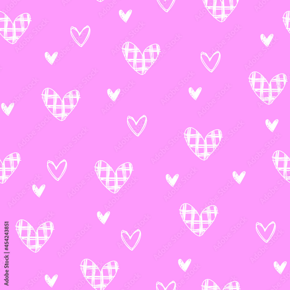 Hand drawn cute doodle white hearts pink seamless love pattern. For Valentine's Day, weddings.