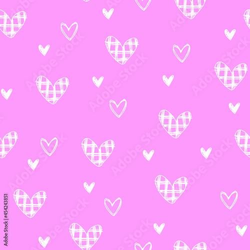 Hand drawn cute doodle white hearts pink seamless love pattern. For Valentine's Day, weddings.