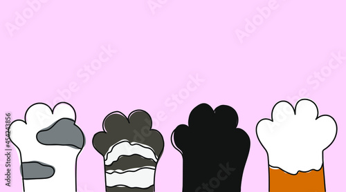 Cute cat paws on a pink background. Pets doodle illustration.