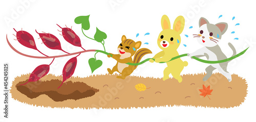 芋掘りをする動物たちのイラスト