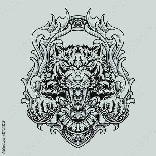 tattoo and t shirt design black and white hand drawn illustration tiger engraving ornament