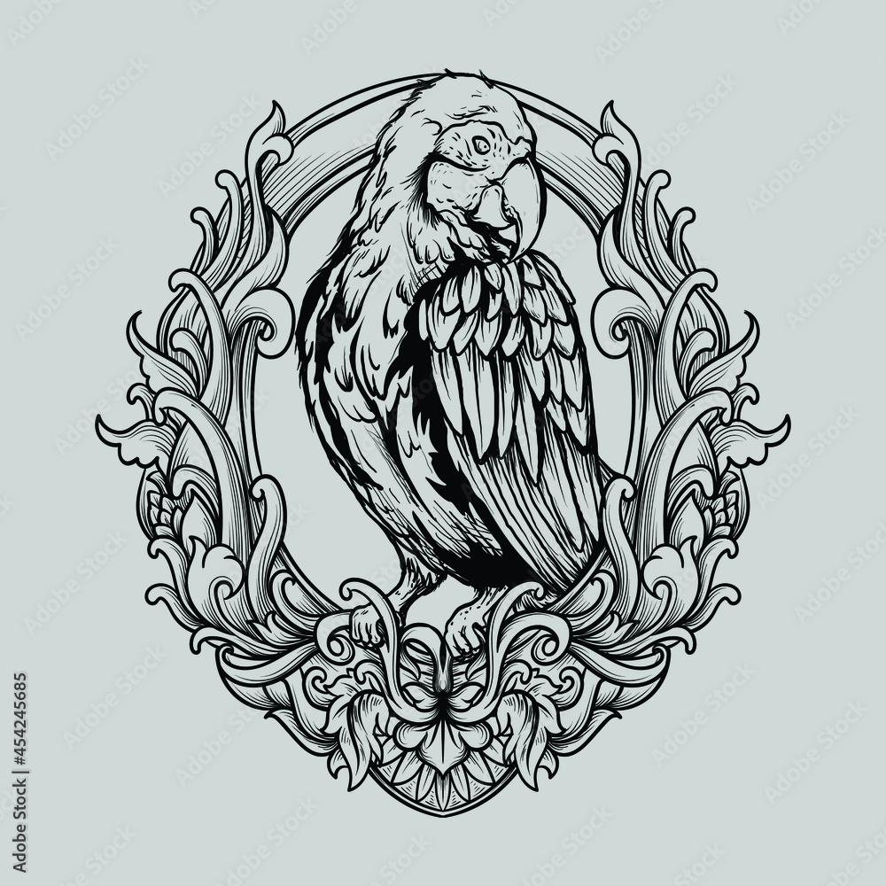 tattoo and t shirt design black and white hand drawn illustration macaw bird engraving ornament