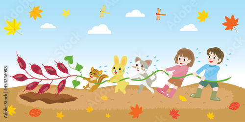 芋掘りをする子供たちと動物たちの風景