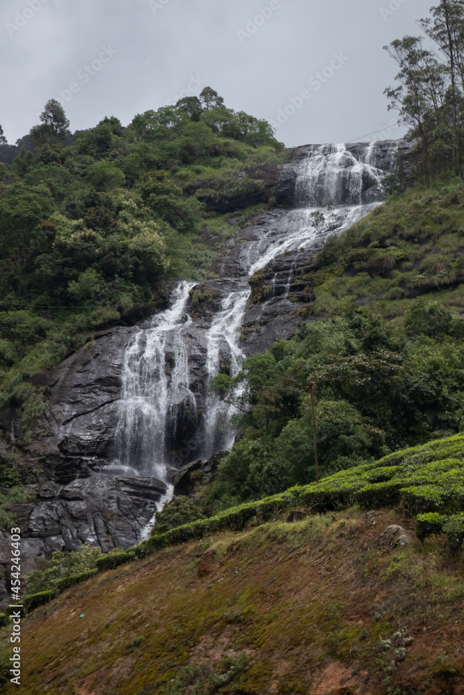 water fall in the middle of the tea plantation