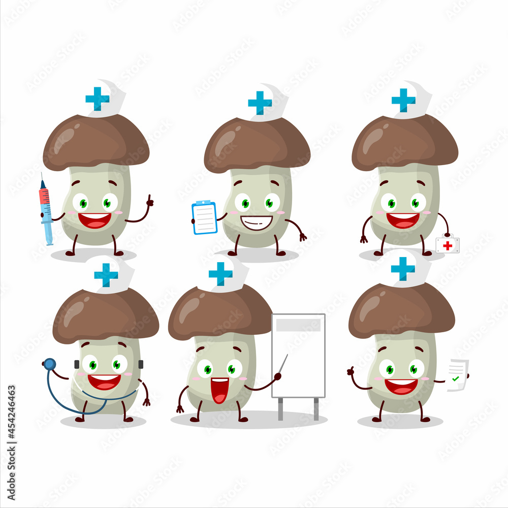 Doctor profession emoticon with cep mushroom cartoon character Doctor profession emoticon with cep mushroom cartoon character