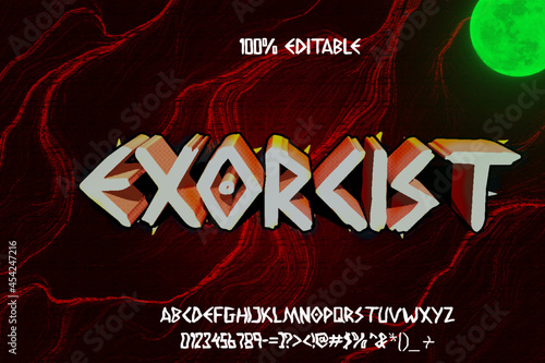3d Horror Exorcist scary movie alphabet font. Typography ghost design for Halloween logo game fonts and number with Dark foggy strike green moon effect background. vector illustration