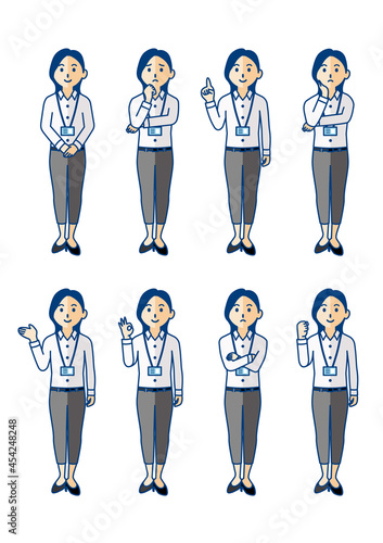 社員証を付けた女性社員の全身ポーズ