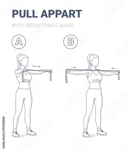 Girl Doing Pull Appart Home Workout Exercise with Resistance Band Rubber Equipment Guidance.