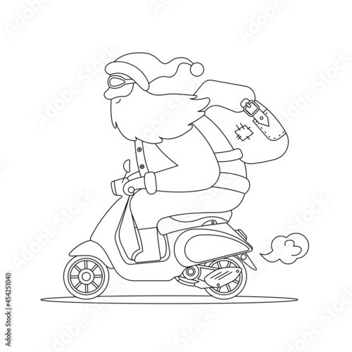 Santa Claus rides vintage motor scooter with backbag of presents. Christmas coloring page. Vector cartoon flat illustration
