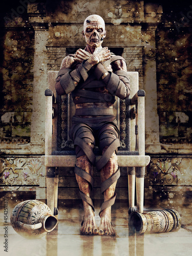 Foto Fantasy scene with an ancient Egyptian mummy sitting on a throne in an old temple